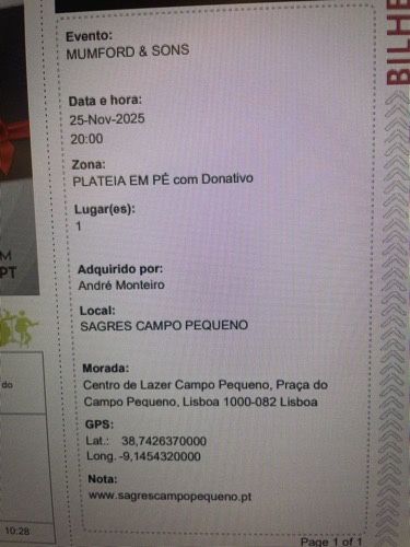 Vendo bilhete MUMFORD & SONS - Lisboa