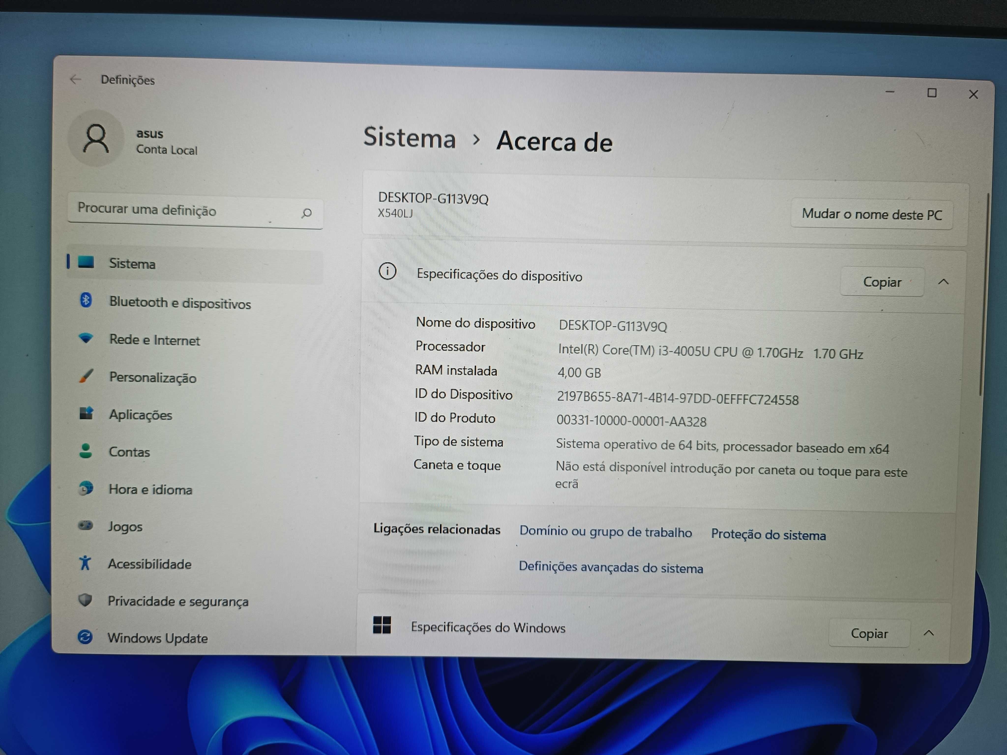 Portátil Asus A540L core I3