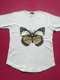 Biała bluzka z krótkim rękawem z motylem 36 S, NOWA BEZ METKI