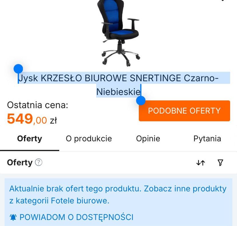 Jysk krzeslo biurowe/ gamingowe SNERTINGE Czarno-Niebieskie