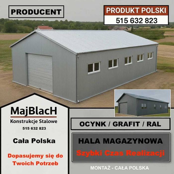 Garaż Blaszany OCYNKOWANY| Konstrukcja Stalowa| Duża Hala - Maj-Blach