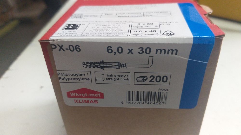 Kołek rozporowy  6x30 z hakiem prostym 4x40