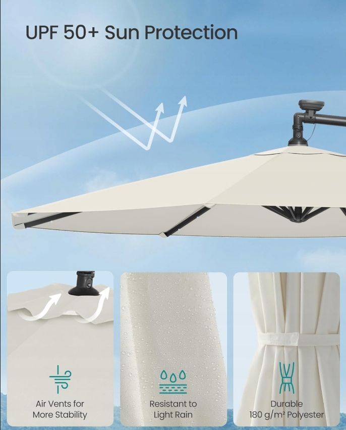 Beżowy parasol ogrodowy SONGMICS 3m z solarnymi LED GPU118M01