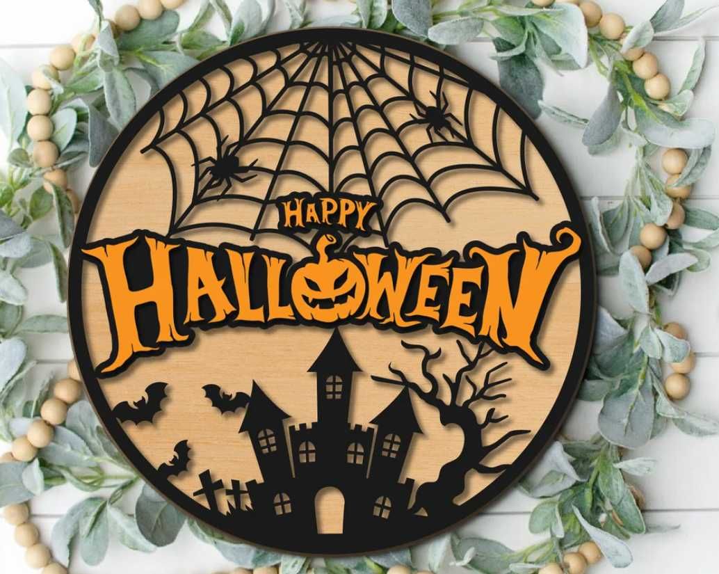 Ozdoba ścienna na Halloween Drewniana tablica z pajęczyną i zamkiem