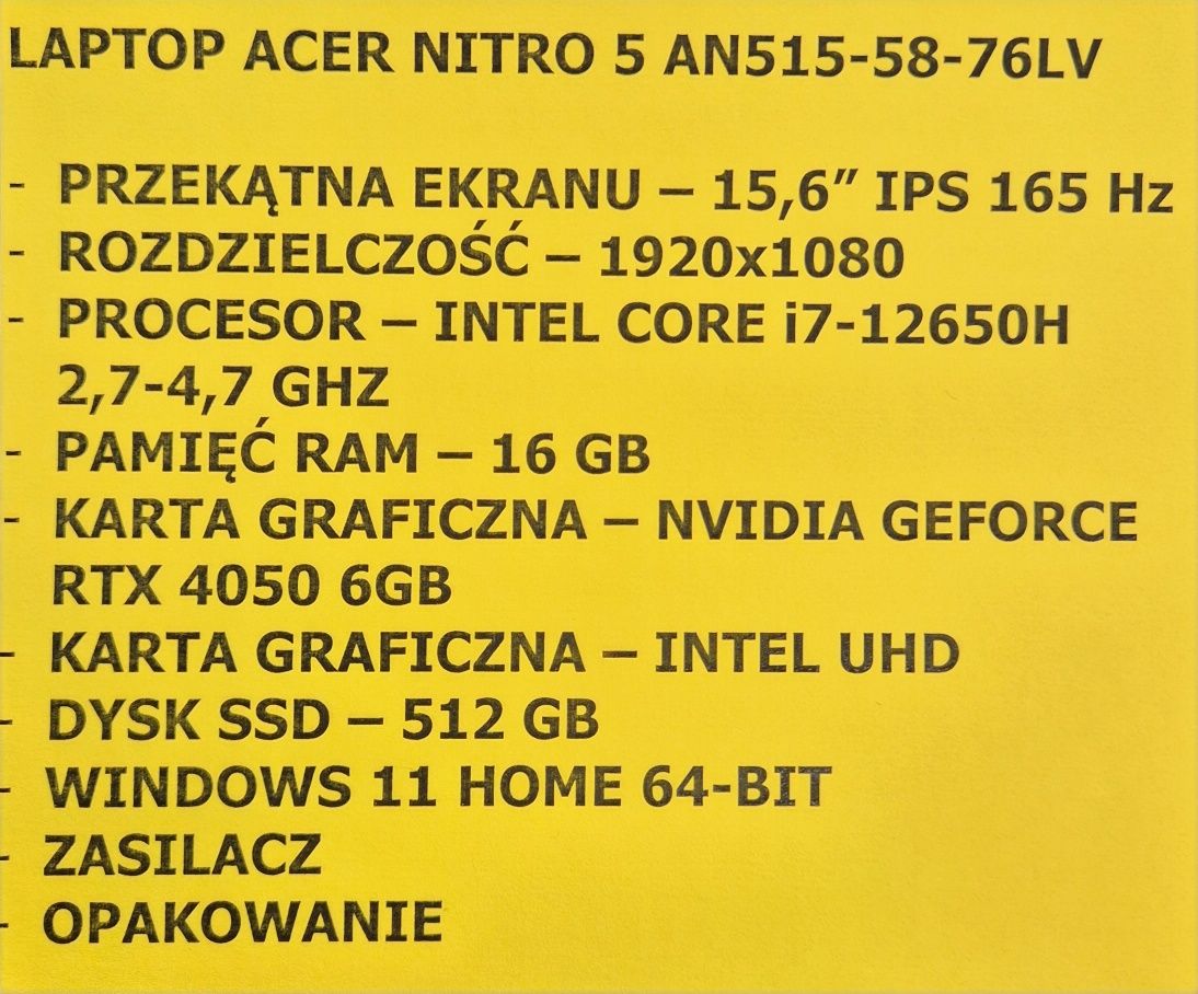 Laptop gamingowy ACER NITRO 5, Komis Jasło Czackiego
