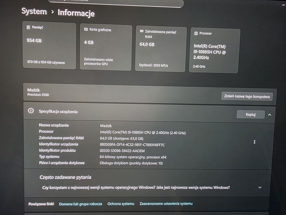 Notebook Precision Dell 5550 i9-10885H 64G 1TB W10
od
Dell