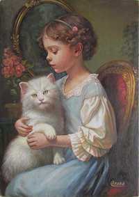 Авторский живопис, картина, мініатюра, дівчина з котом 1.