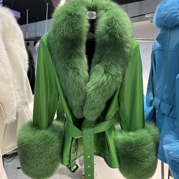 Skórzany płaszcz z futrem naturalnym lis jenot kolory rozmiary