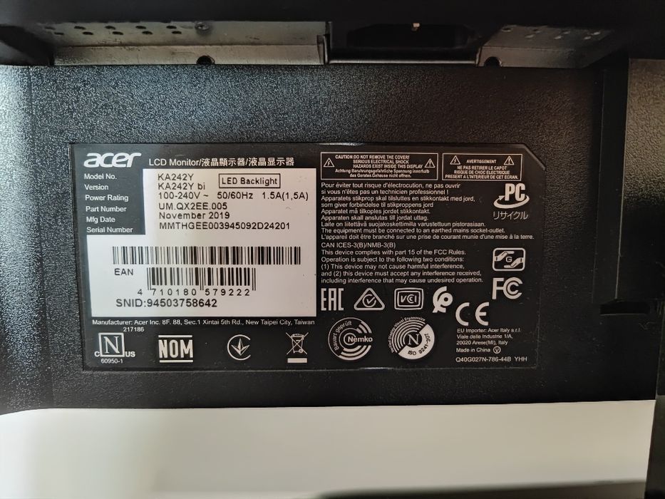 24" Monitor Acer KA242Y 75Hz 1ms 1920x1080 Full HD