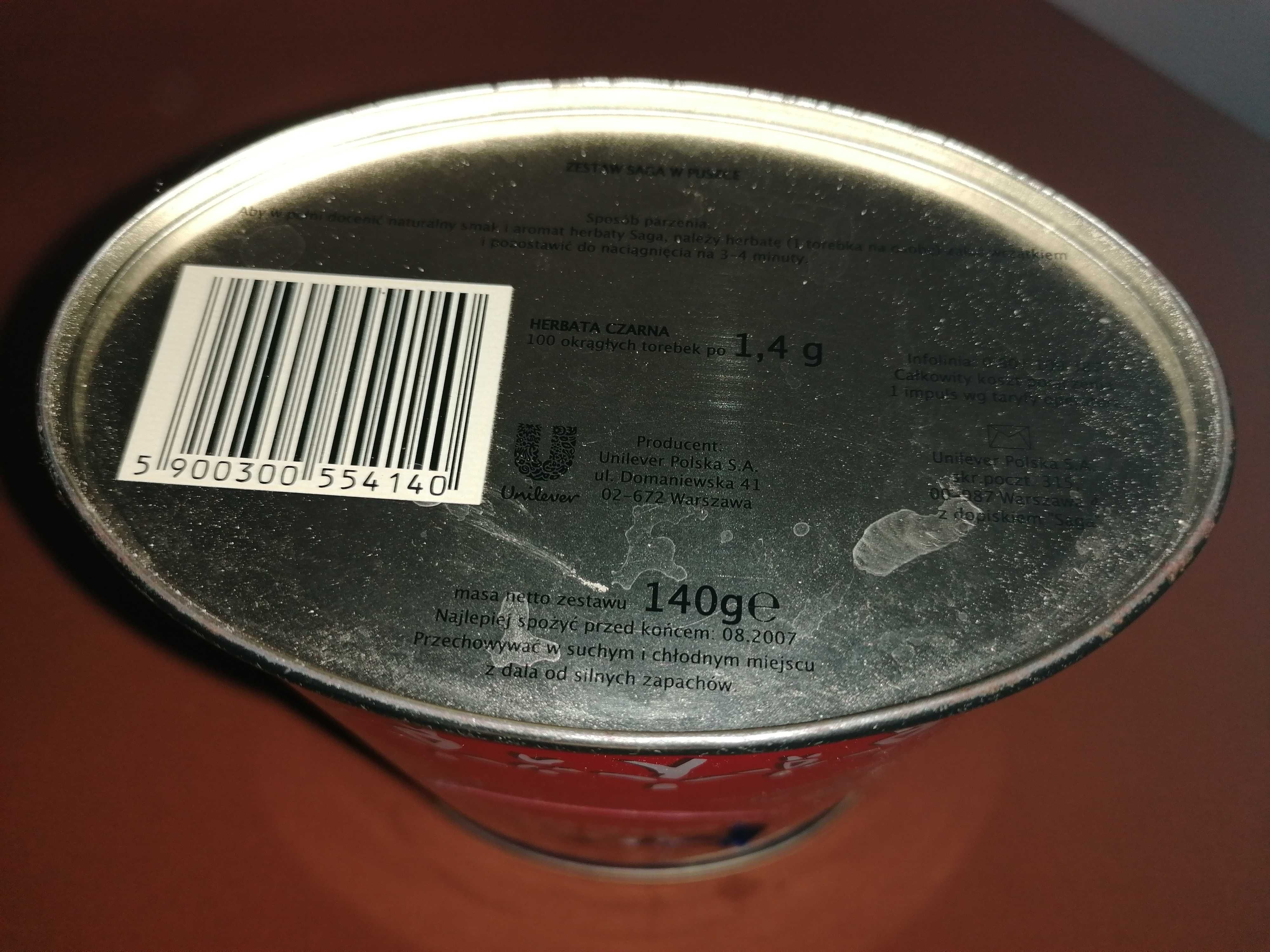Puszka metalowa po herbacie SAGA,owalna.Wysokość 18cm
