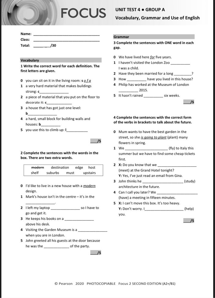 Focus 2 Second Edition Unit test answer key