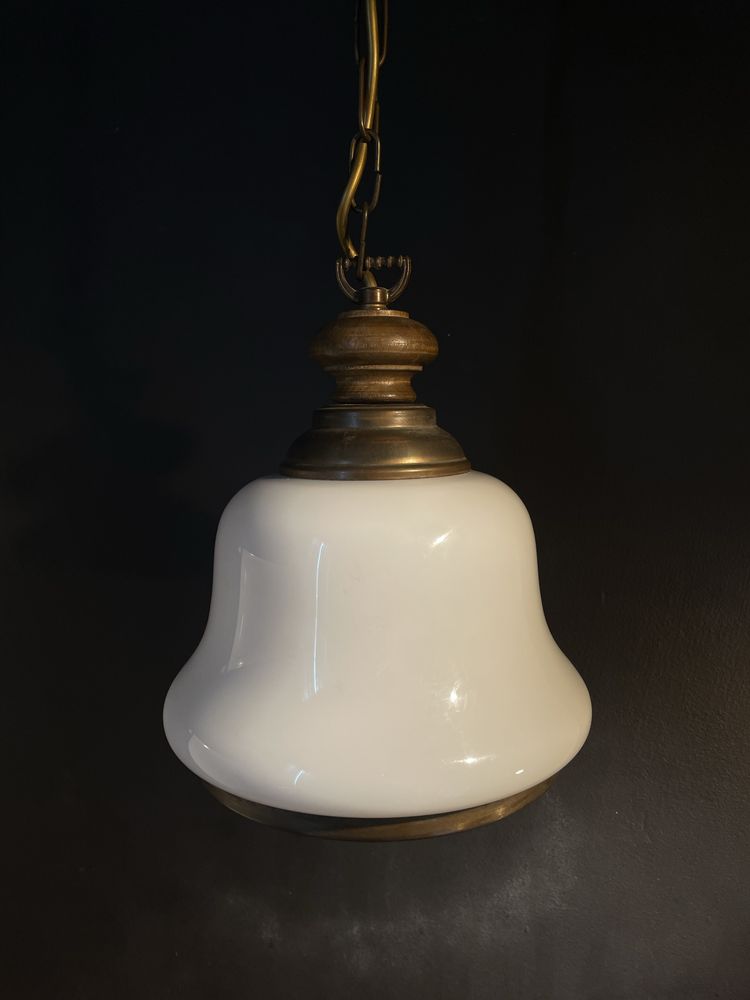 Lampa wisząca żyrandol, vintage, mosiądz drewno szkło