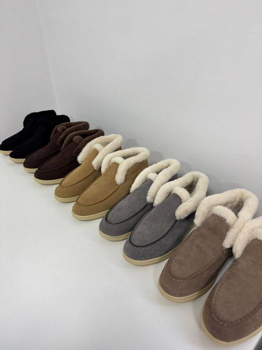 Женские замшевые зимние ботинки лоферы опушка