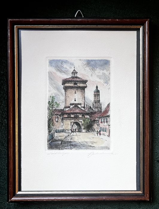 Śliczna grafika, kolorowa akwaforta - podpisany wycisk