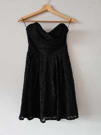 Czarna sukienka mini wizytowa bez ramiączek, koronkowa, boohoo, roz.36