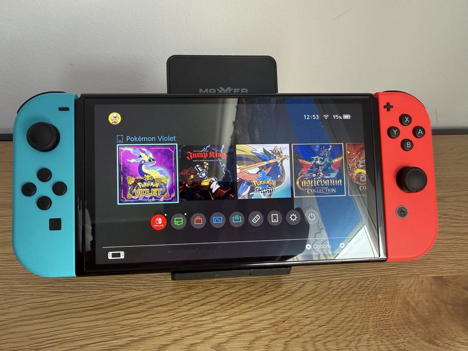 Nintendo Switch OLED Neon + kontroler + etui + karta pamięci