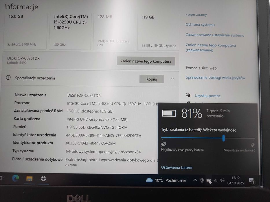Laptop Dell Latitude 5490 i5-8350u 16GB SSD 14' FHD