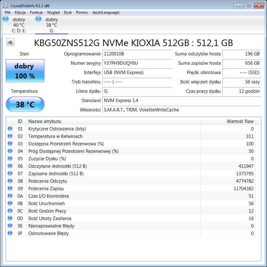 KiOXiA KBG50ZNS512G PCI-Express Gen 4 x4 Dysk SSD NVMe 512GB M.2 2230