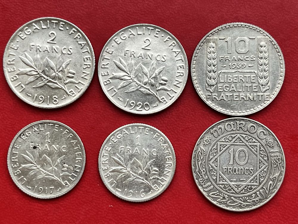 Срібні монети Франції 1,2,10 франків 1916-1939