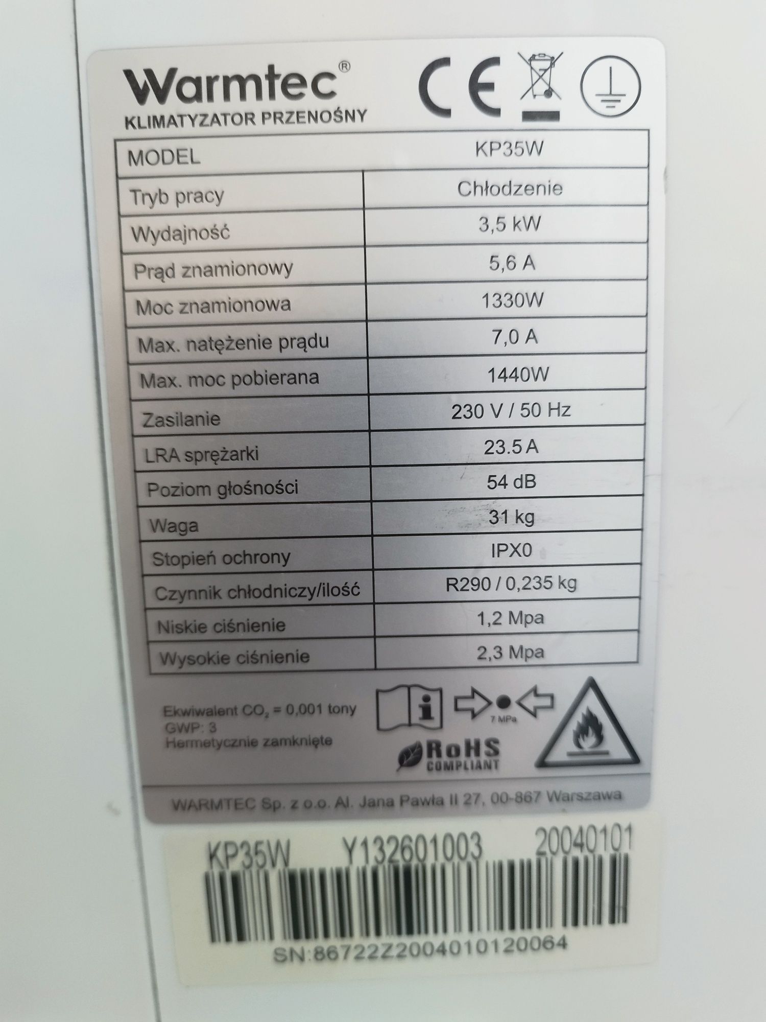 Klimatyzator Warmtec KP35W Wifi Tuya