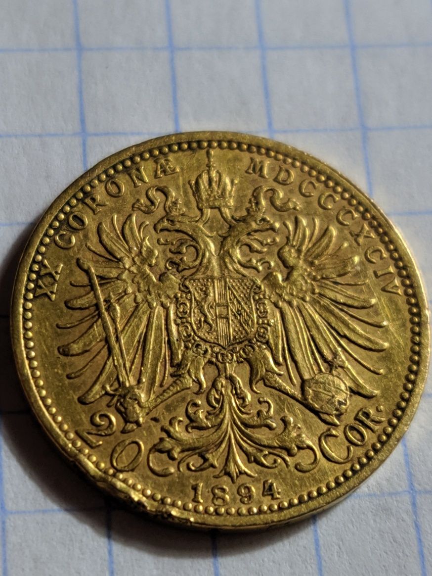 Золотая монета 20 крон 1894 года Австрия Франц Йосиф 1