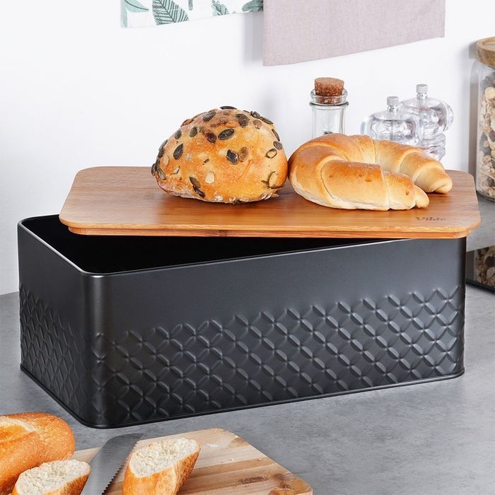 Chlebak metalowy z deską drewnianą czarny 33,5x18,5x12,5 cm