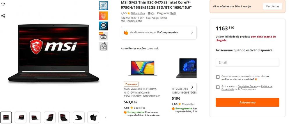 MSI GF63 Thin 9SC-047XES Intel Corei7-9750H/16GB/512GB SSD/GTX 1650