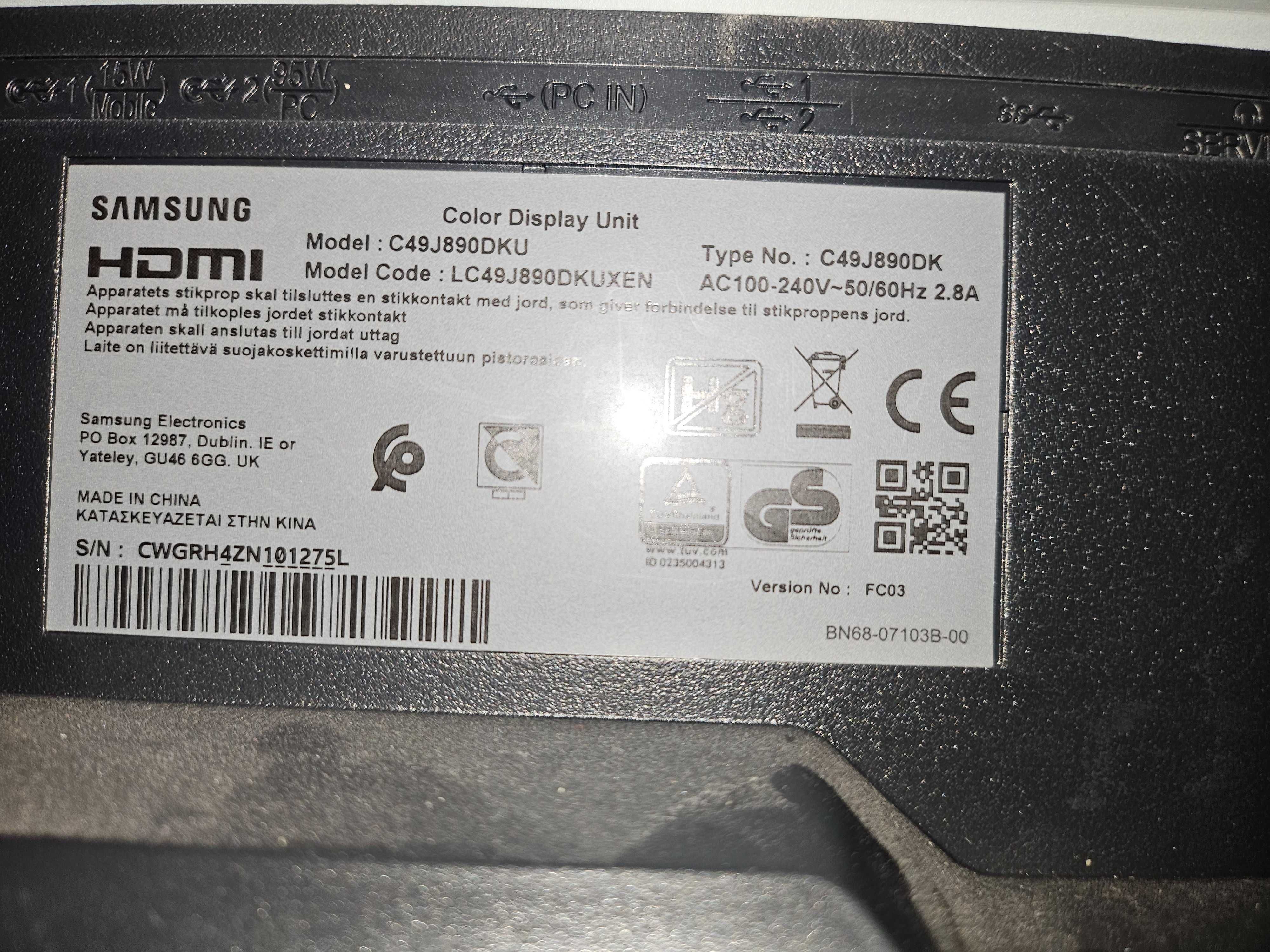 Monitor Samsung Model Code: LC49J890DKUXEN