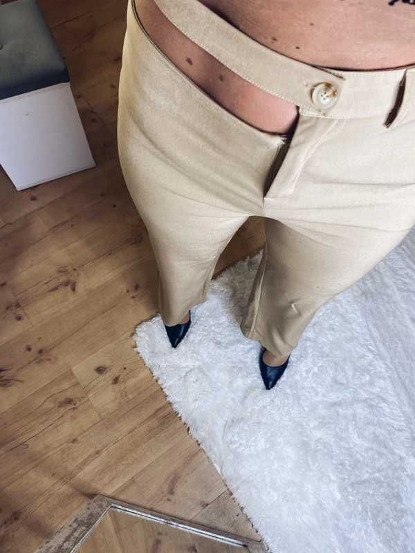 Misspap beżowe dzwony nogawki szerokie eleganckie spodnie wycięcia