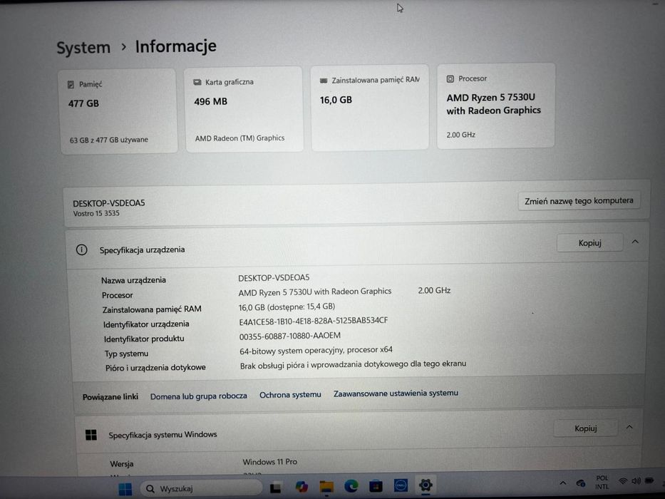 Mocny laptop Dell , Ryzen 5 7530u, 16GB RAM, 512 SSD, W11 Pro