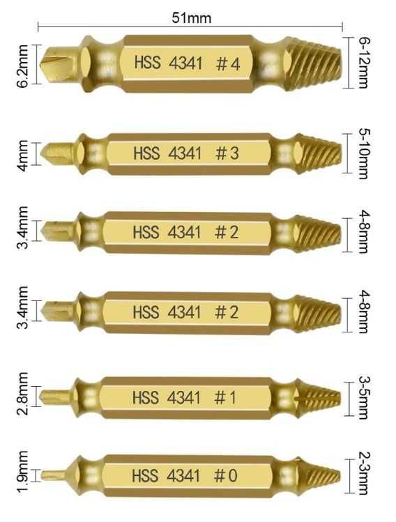 Brocas especiais para extração de parafusos e porcas