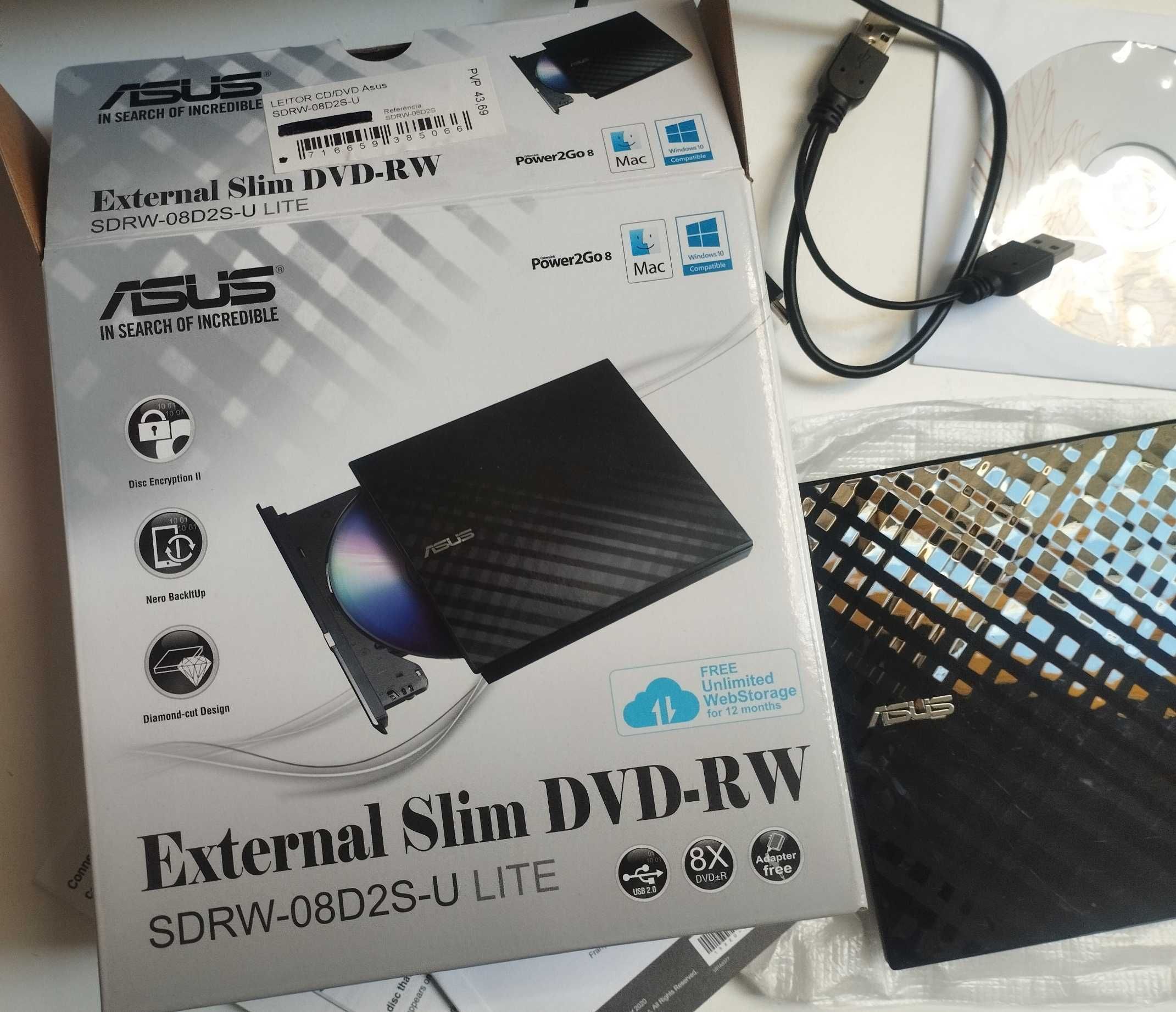 Leitor gravador de CD, External Slim DVD Drive, ASUS SDRW-08D2S-U LITE