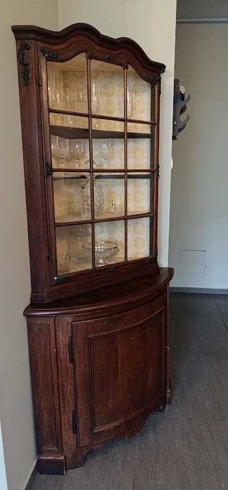 Kredens, witryna, gablota, narożna, lite drewno, brąz, antyk