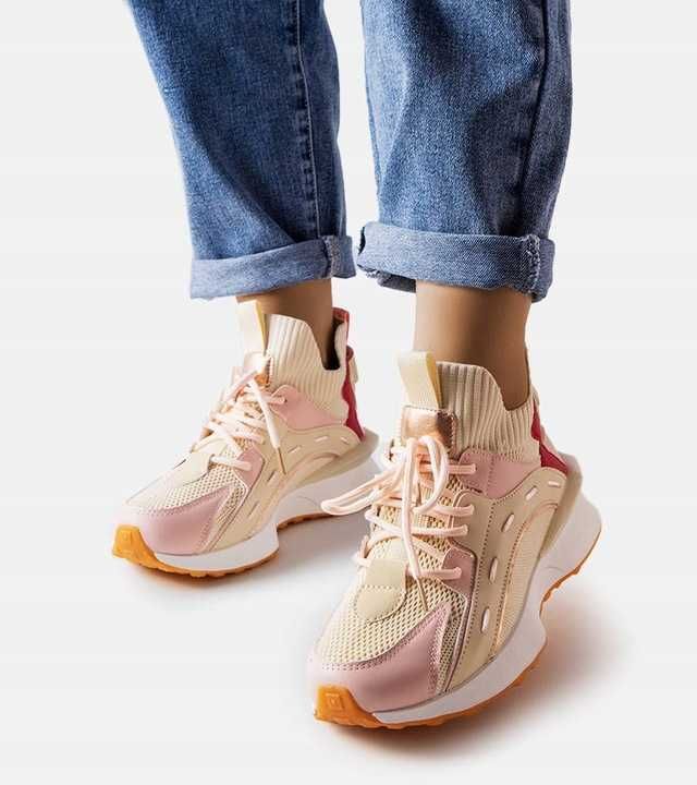 Beżowo-różowe materiałowe sneakersy 38