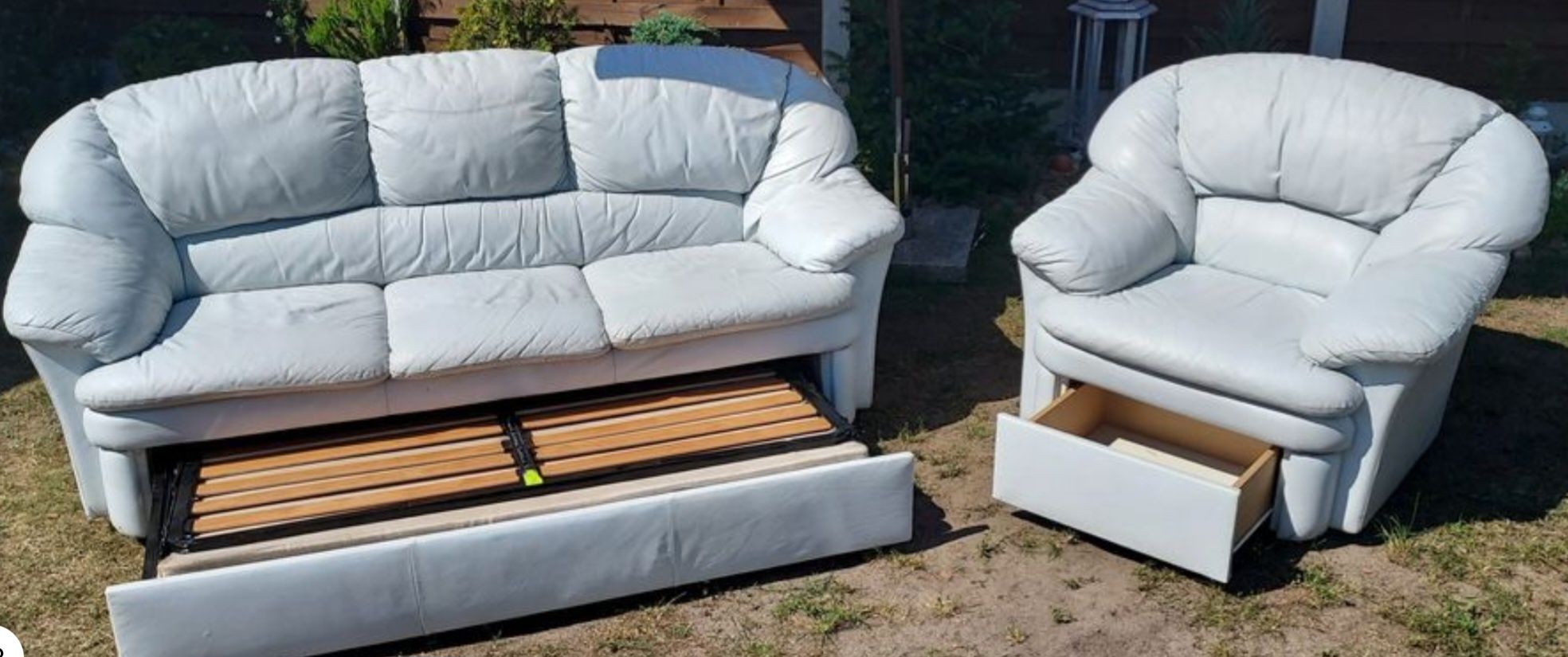 Zestaw skóra naturalna fotel i sofa rozkladana