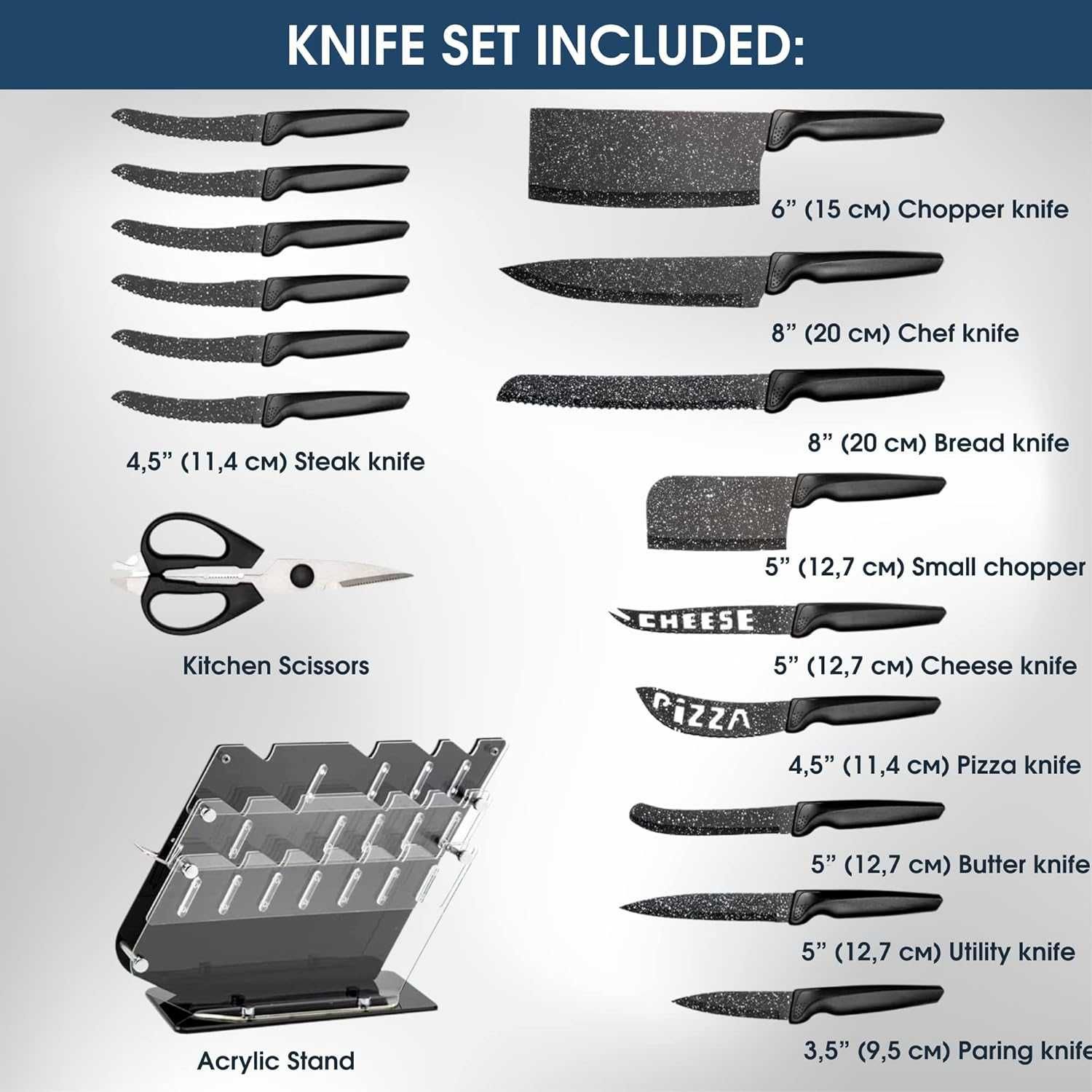 Набор кухонных ножей из 17 предметов (акриловая подставка)