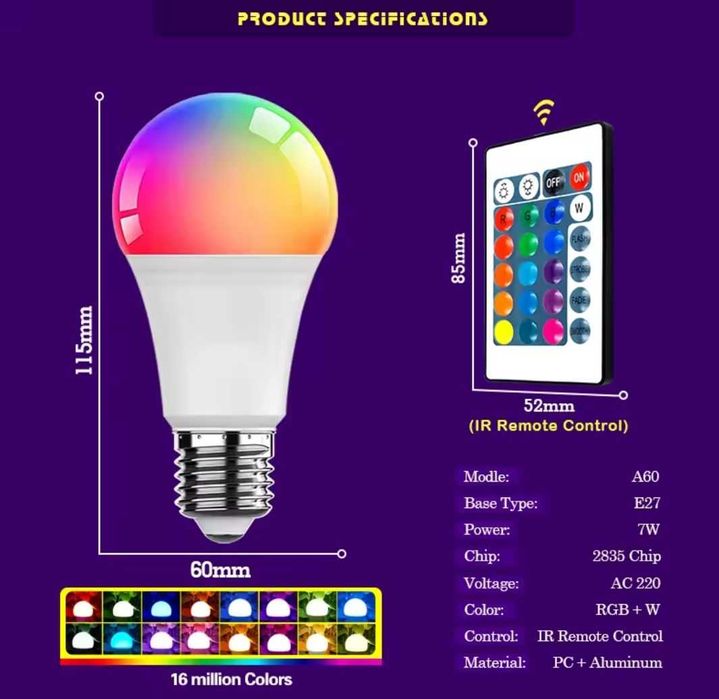 Żarówka LED 220V 16 kolorów + pilot