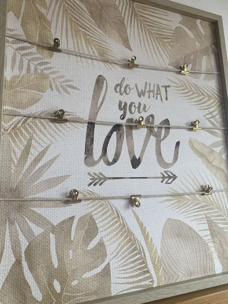 Quadro porta fotos com molas “do what you love” plantas beje