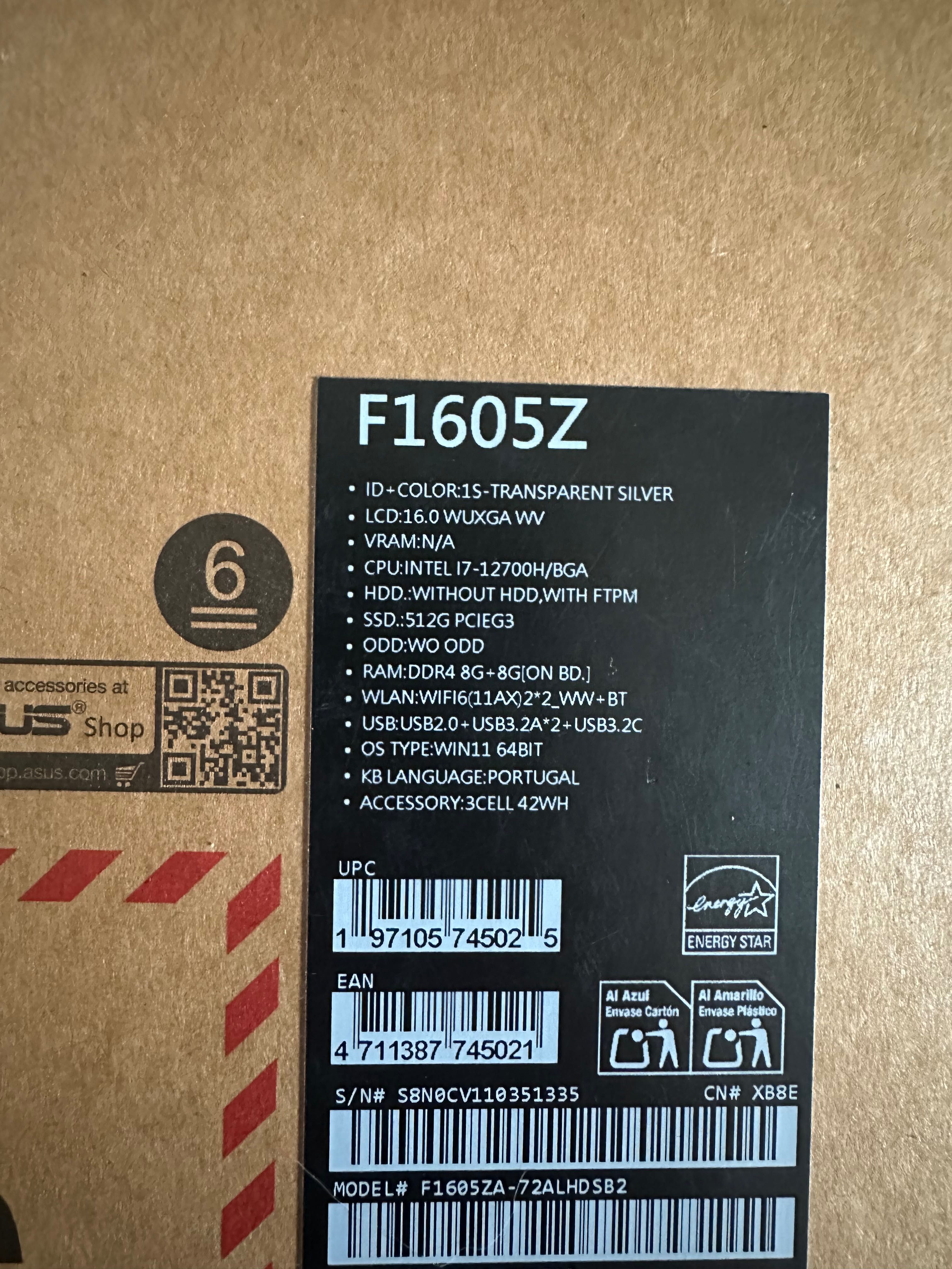 Portátil ASUS Vivobook F1605ZA-72ALHDSB2 c/ garantia