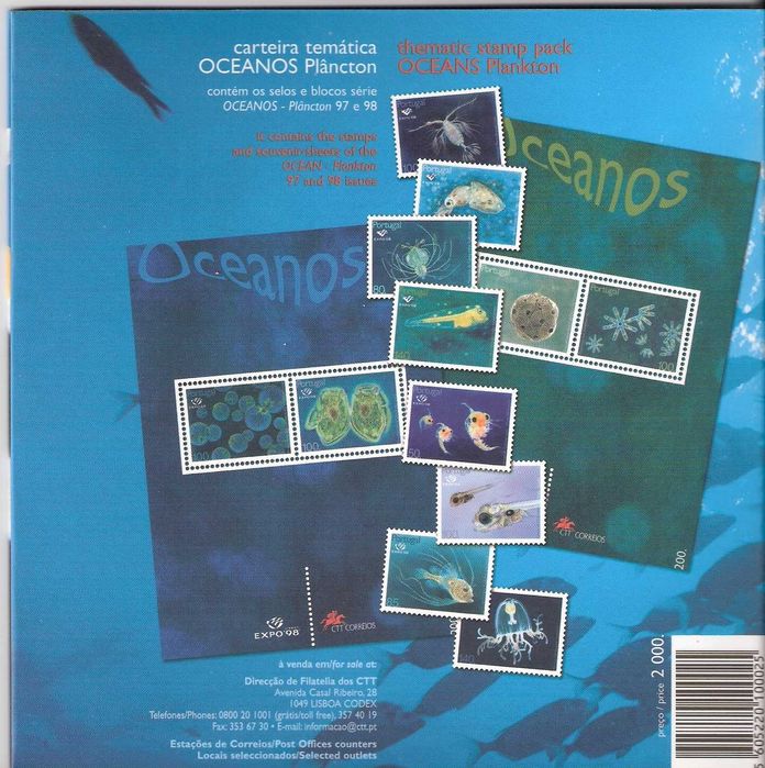 Carteira tematica CTT OCEANOS PLANCTON - EXPO98 - 2bl + 8 selos novos