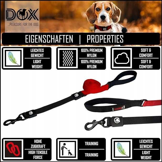 Wytrzymała nylonowa smycz dla psa DDOXX Bungee - 120 cm czerwona