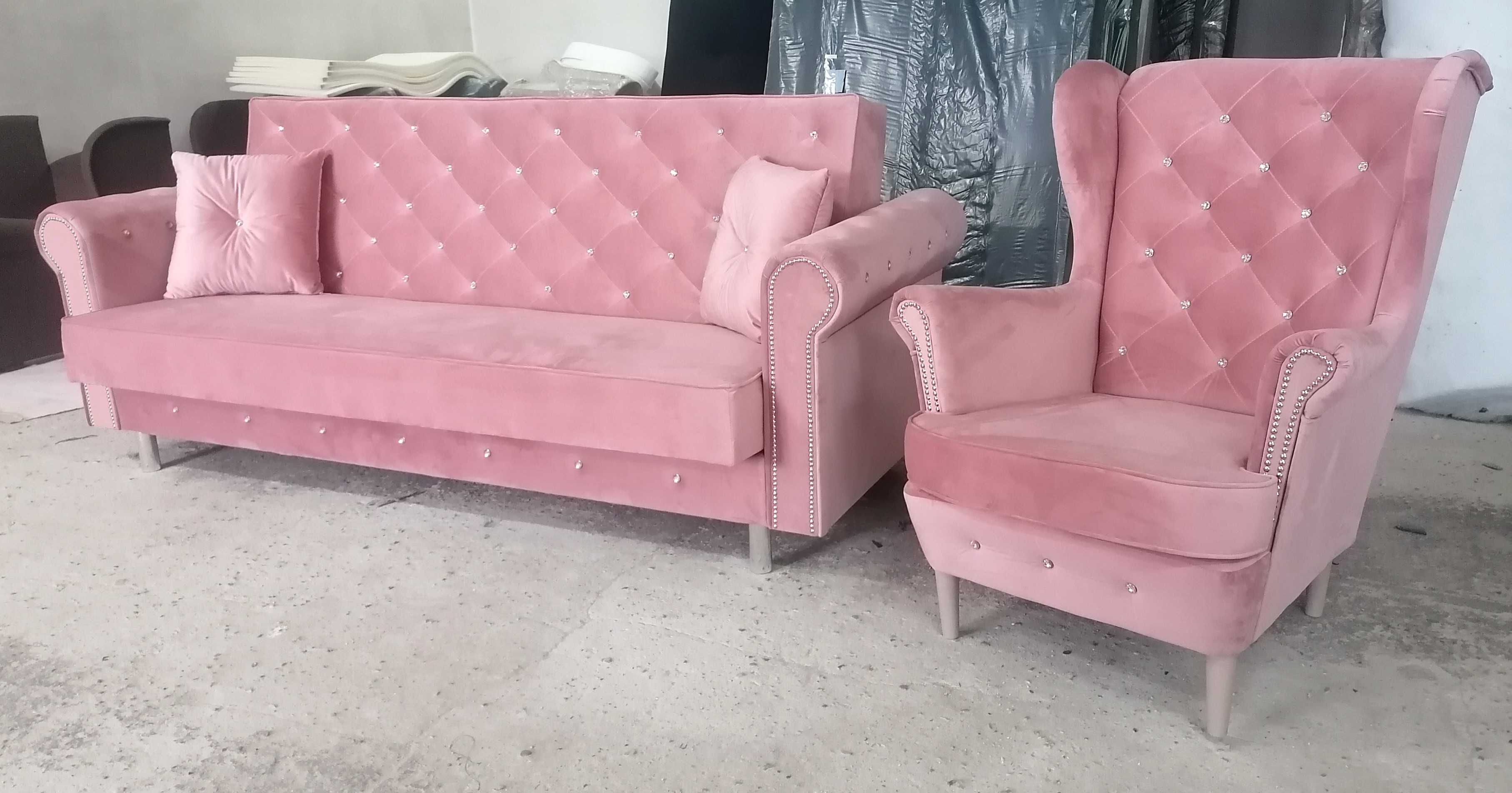 RATY zestaw Chesterfield komplet kanapa sofa fotel uszak pufa Glamour
