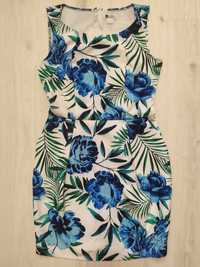 Sukienka w kwiaty rozmiar M niebieska biała zielone liście ramiączka