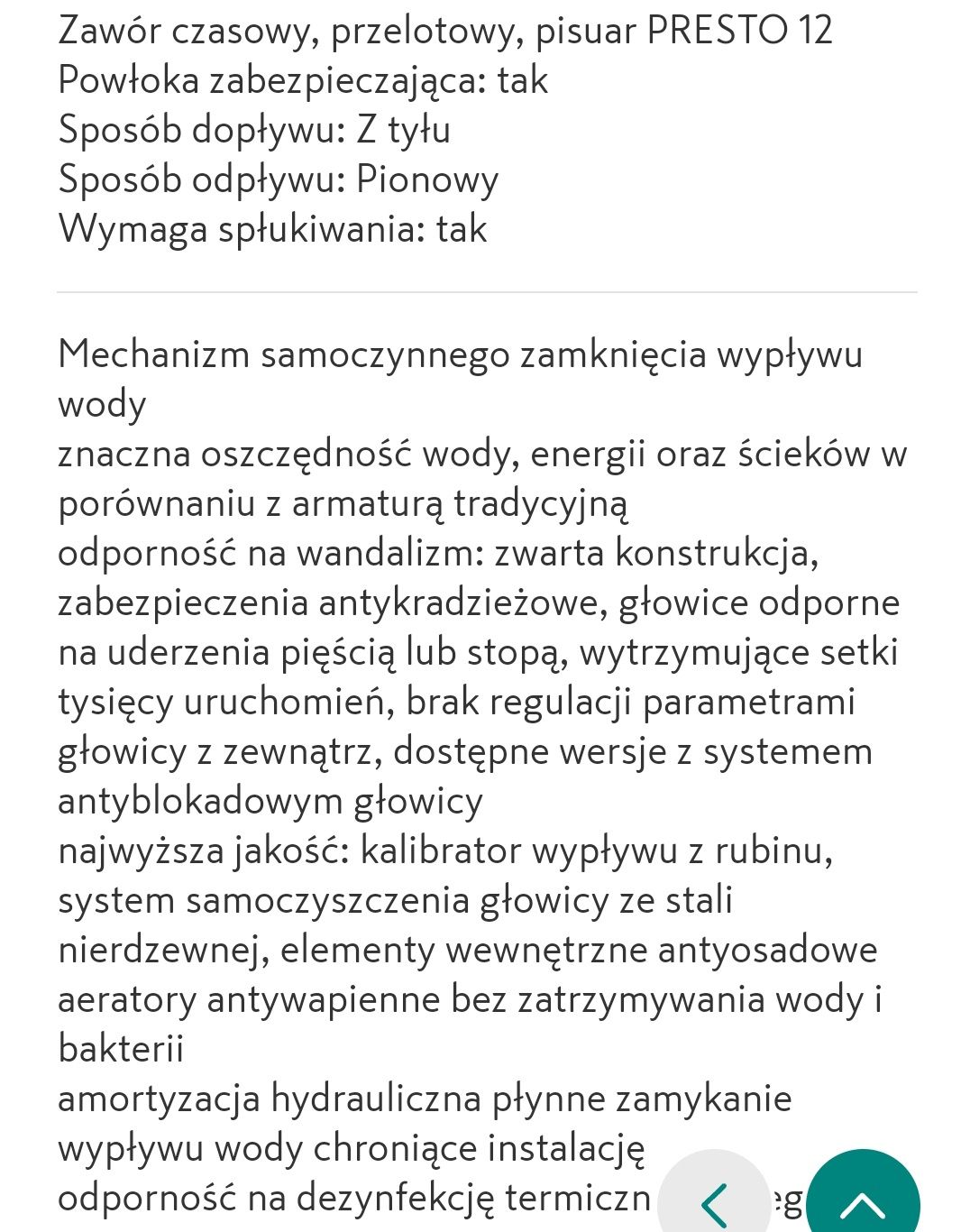 Zawór czasowy, przelotowy, pisuar Presto  31001