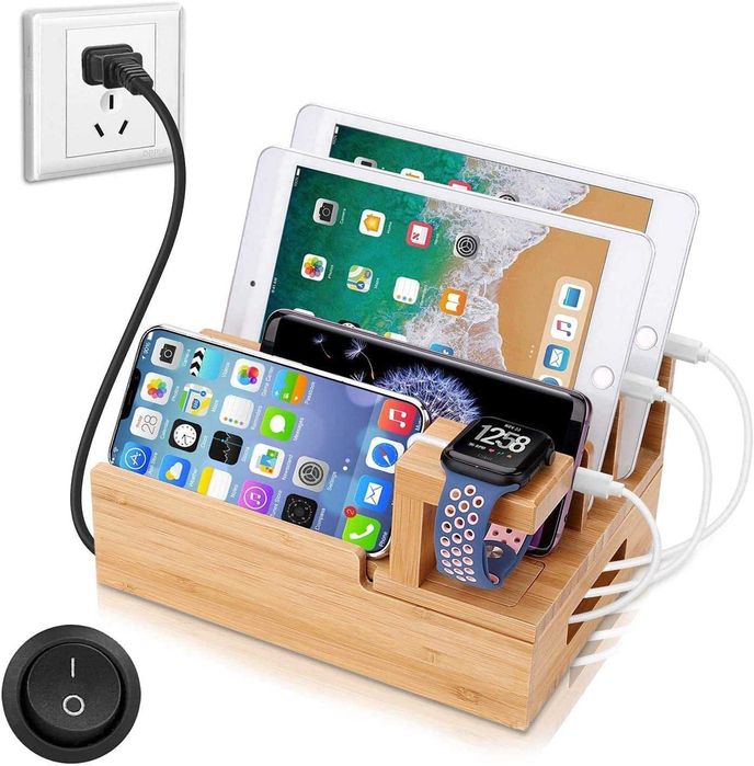 Estação de Carregamento USB de Bambu para Dispositivos