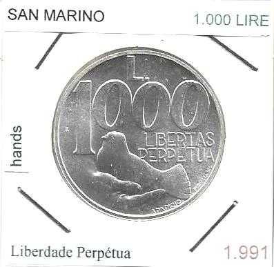San Marino - - -1.000 Lire - 1991 - - - Liberdade - - - Moeda de Prata