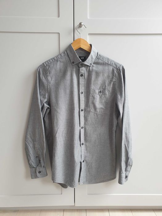 Szara bawełniana koszula męska z długim rękawem S H&M