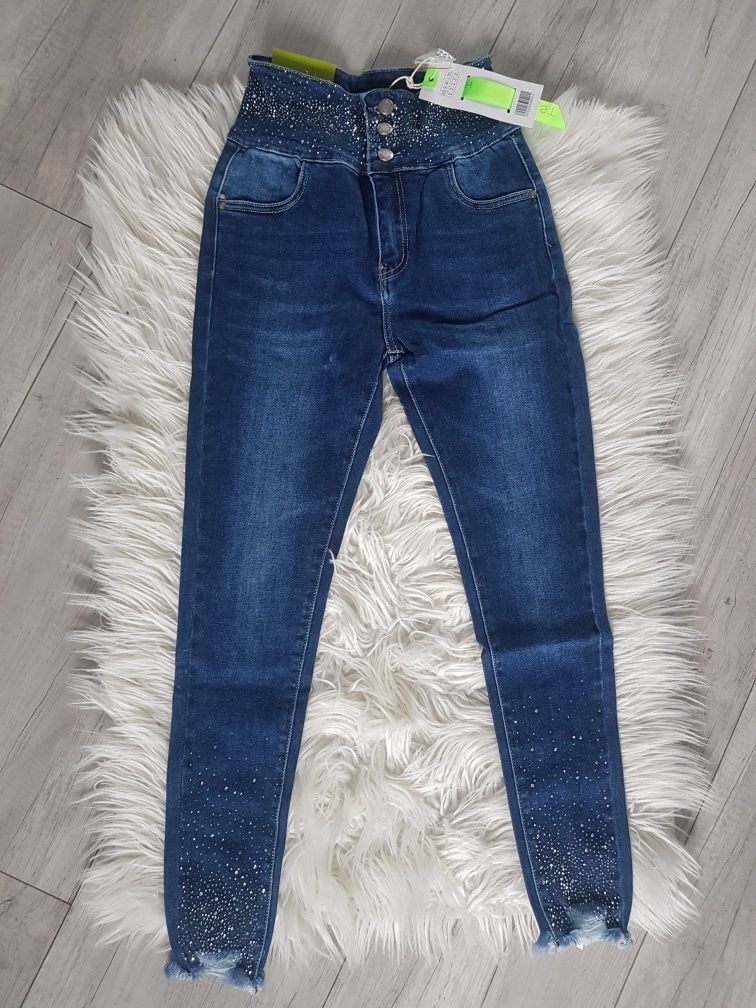 Spodnie jeans skinny wysoki stan cyrkonie L