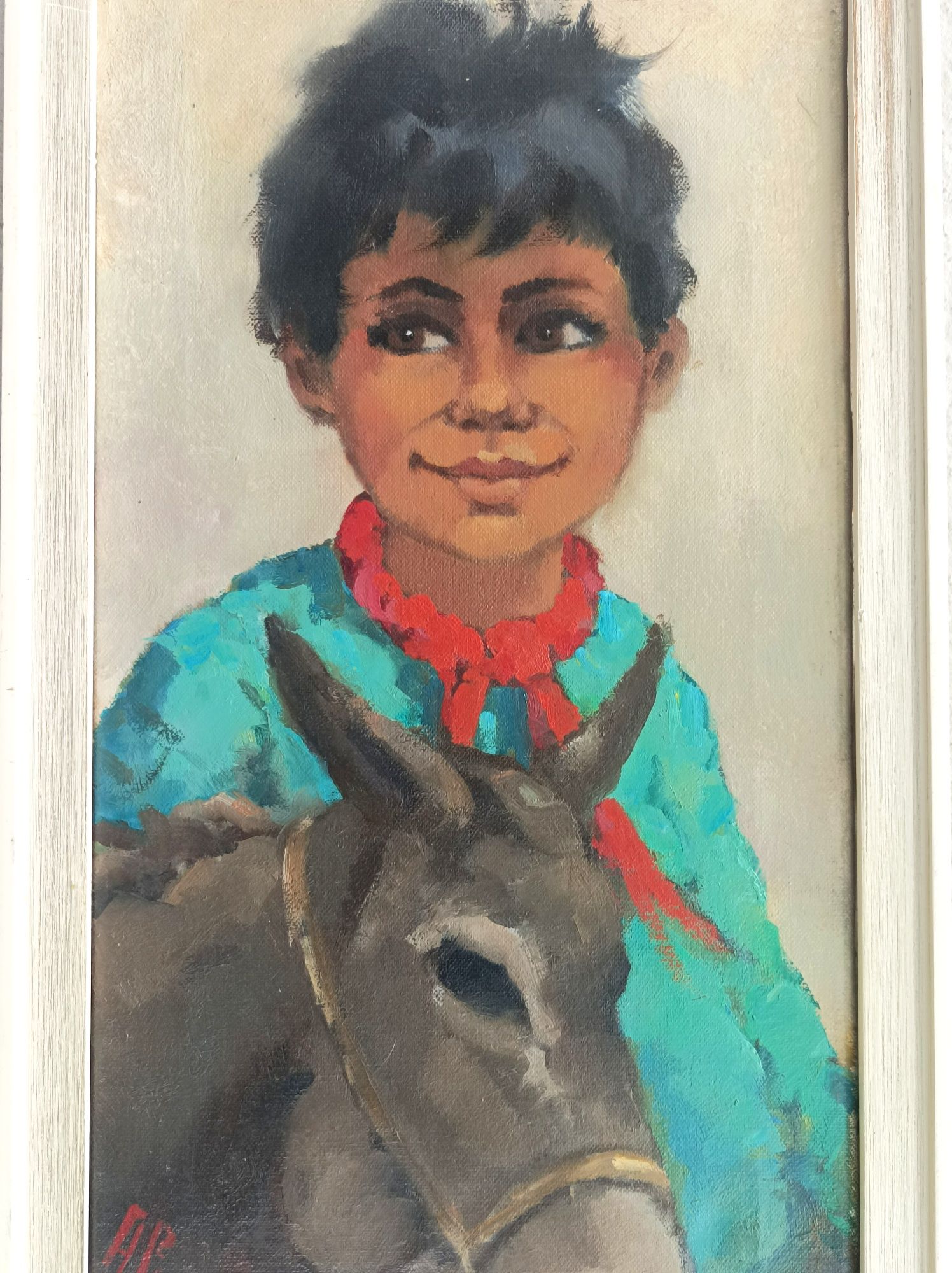 Stary obraz olejny Portret chłopca lata 80