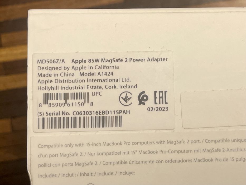 Apple A1424 85W zasilacz MagSafe 2 używany do MacBook Pro A1398 Air